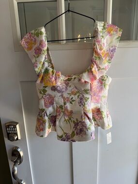 For Love & Lemons White Floral Ruffle Peplum Top